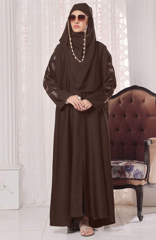 TGM Nazr e Haya Casual Women Abaya Front Open Luxe Nidha - Brown - Brown Leaf