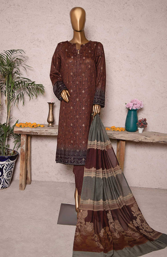 HZ Textile Printed Jacquard Unstitched 3 Piece - TJS-1202 - HZ25TJ - Dark Brown - Winter Collection