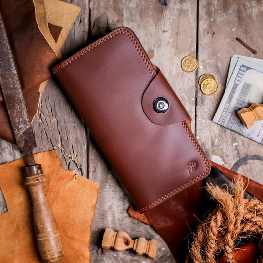 Tri-Fold Pure Leather Long Wallet With Button Closure-BROWN Womens Wallet