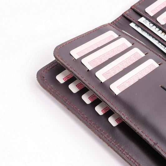 Tri-Fold Pure Leather Long Wallet With Button Closure-BURGUNDY Womens Wallet