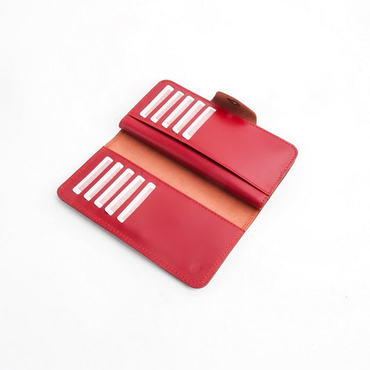Tri-Fold Pure Leather Long Wallet With Button Closure-RED Womens Wallet