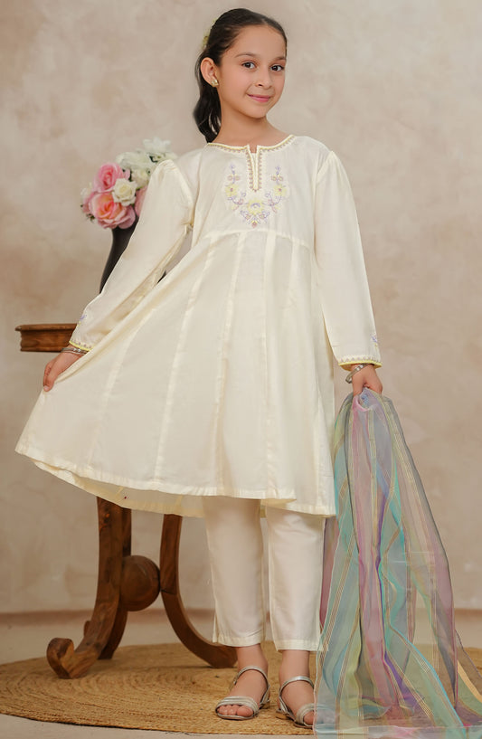 Tiny Tales by Amna Khadija Chikankari Lawn Stitched 3 Piece Suit - TTKP-01 - AM25TTKP - Off White - Girls Collection