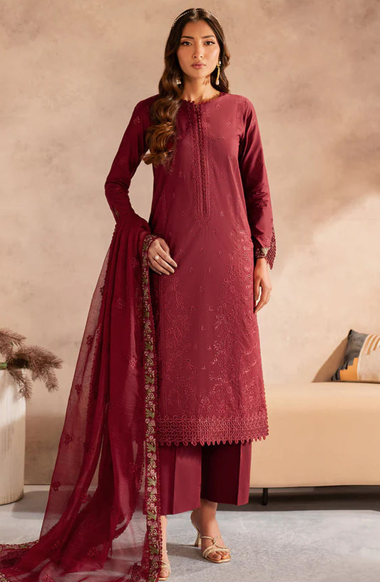 Zarif Embroidered Lawn Unstitched 3 Piece Suit - UNST-LWN-02 SAYAH - ZF25CL - Maroon - Summer Collection