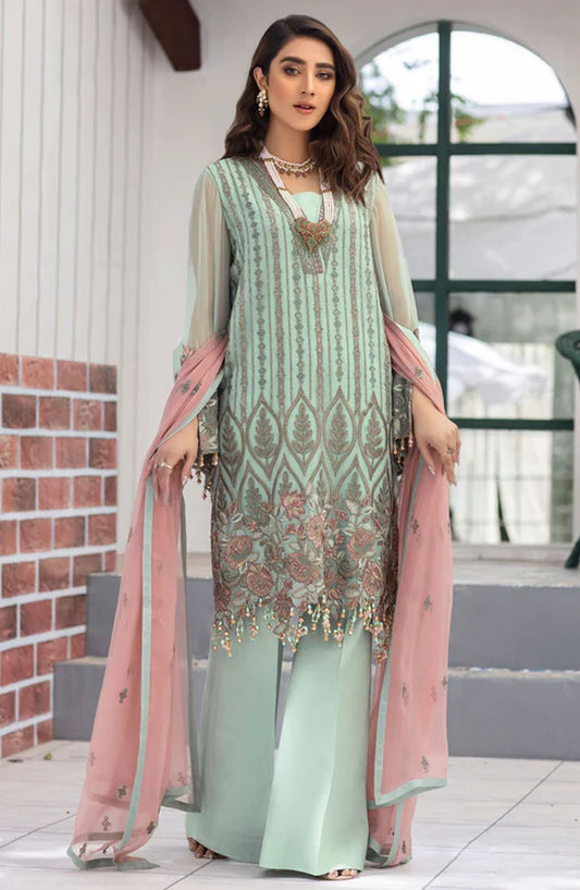 Flossie Embroidered Chiffon Unstitched 3 Piece - EA25C - K-910 Fair Aqua - Blue - Formal Collection