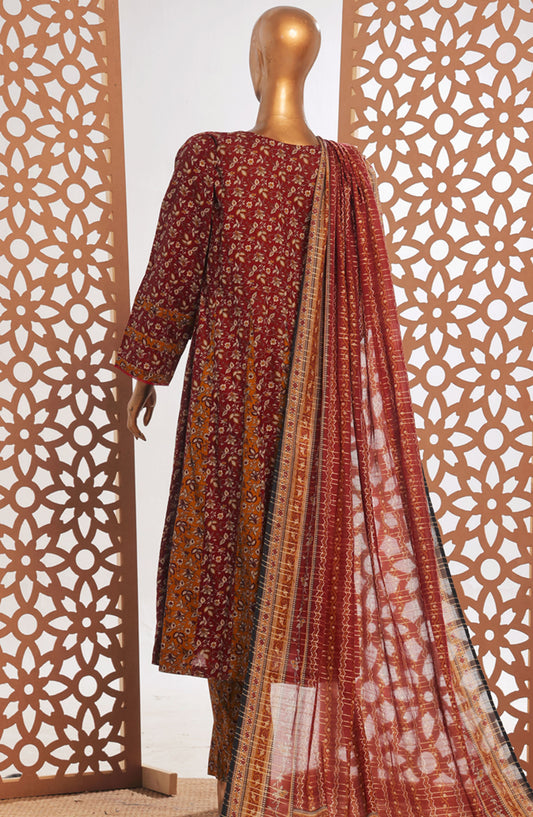 Bin Saeed Printed Lawn Stitched 3 Piece Frock - D-09 - BS25PPFC - Maroon - Summer Collection