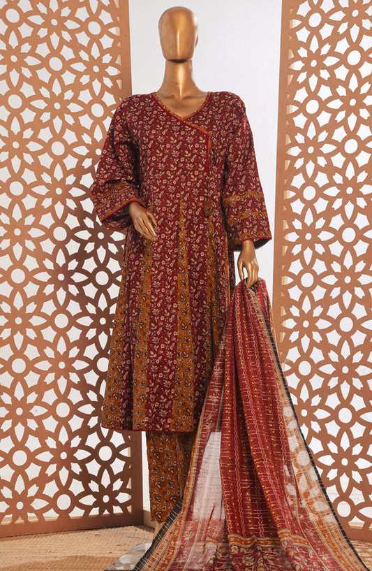 Bin Saeed Printed Lawn Stitched 3 Piece Frock - D-09 - BS25PPFC - Maroon - Summer Collection