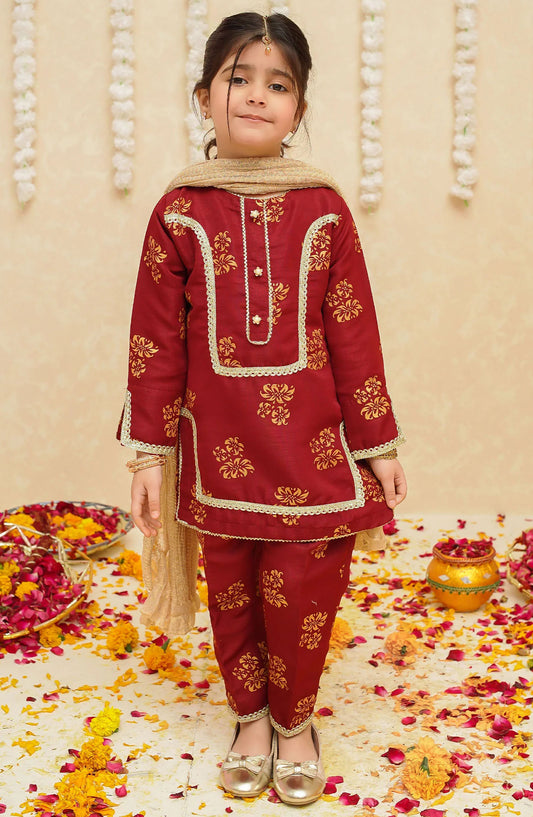 Gulzar by Modest Festive Raw Silk Stitched 3 Piece Suit - 8940 Maroon - MOD25G - Maroon - Girls Collection