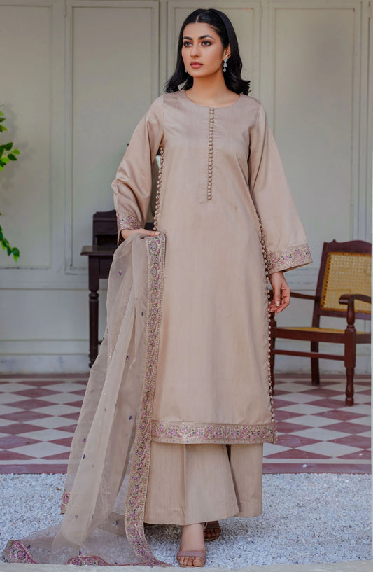 Threads N Weaves Embroidered Viscose Stitched 3 Piece Suit - RTWV24108S - TNW25PV - Beige - Winter Collection