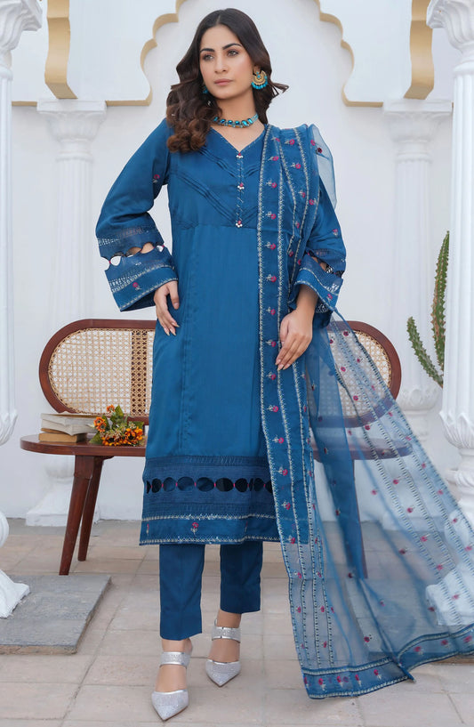 Threads N Weaves Embroidered Viscose Stitched 3 Piece Suit - RTWV24107S - TNW25PV - Blue - Winter Collection