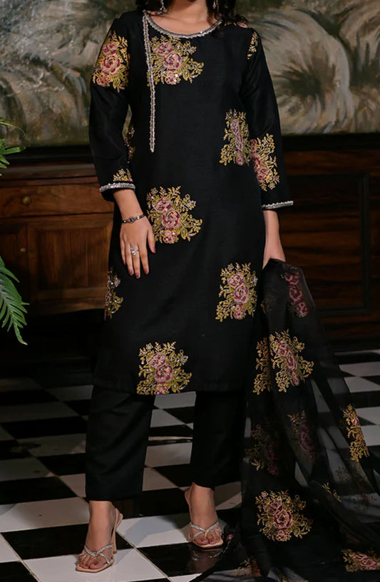 Pret Diaries Printed Raw Silk Stitched 3 Piece - 50150 - PD25WC - Black - Winter Collection