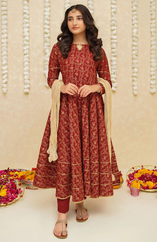Gulzar by Modest Festive Raw Silk Stitched 3 Piece Suit - 8915 Maroon - MOD25G - Maroon - Girls Collection