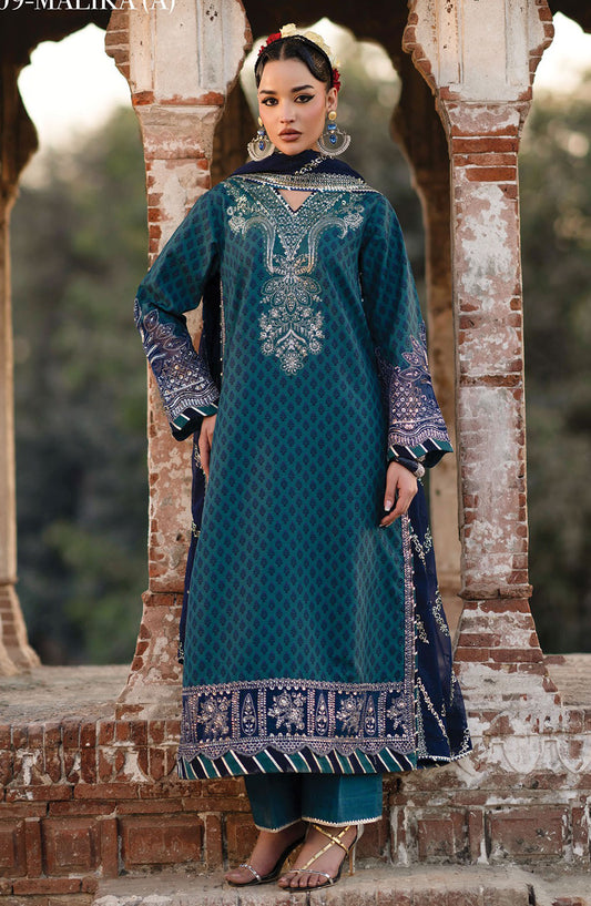 Rumi by Xenia Embroidered Rawsilk Unstitched 3 Piece Suit - D-09 Malika-A - XF25RF - Blue - Wedding Collection