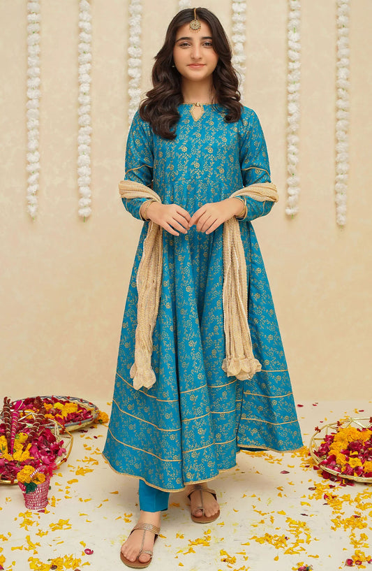 Gulzar by Modest Festive Raw Silk Stitched 3 Piece Suit - 8915 Blue - MOD25G - Blue - Girls Collection