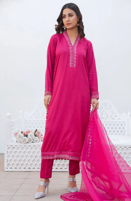 Threads N Weaves Embroidered Viscose Stitched 3 Piece Suit - RTWV24105S - TNW25PV - Pink - Winter Collection