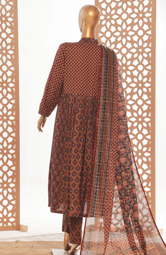 Bin Saeed Printed Lawn Stitched 3 Piece Frock - D-04 - BS25PPFC - Maroon - Summer Collection
