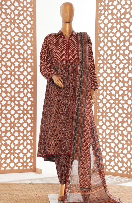 Bin Saeed Printed Lawn Stitched 3 Piece Frock - D-04 - BS25PPFC - Maroon - Summer Collection