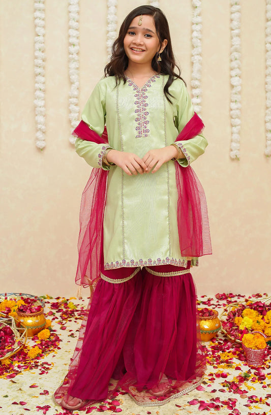 Gulzar by Modest Festive Raw Silk Stitched 3 Piece Suit - 8965 Green - MOD25G - Green - Girls Collection