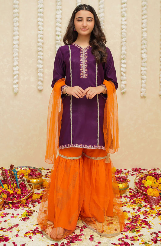 Gulzar by Modest Festive Raw Silk Stitched 3 Piece Suit - 8965 Purple - MOD25G - Purple - Girls Collection