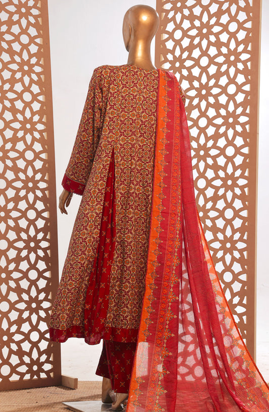 Bin Saeed Printed Lawn Stitched 3 Piece Frock - D-02 - BS25PPFC - Red - Summer Collection