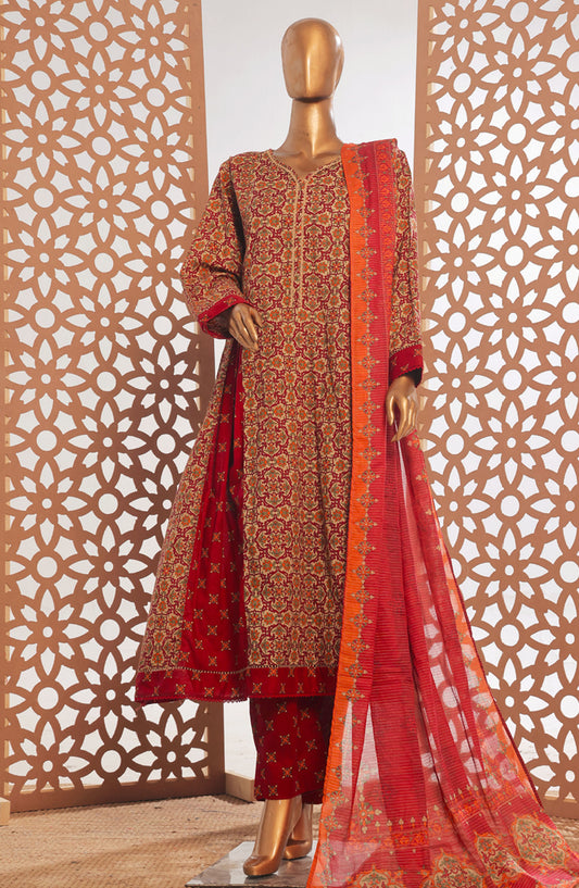 Bin Saeed Printed Lawn Stitched 3 Piece Frock - D-02 - BS25PPFC - Red - Summer Collection