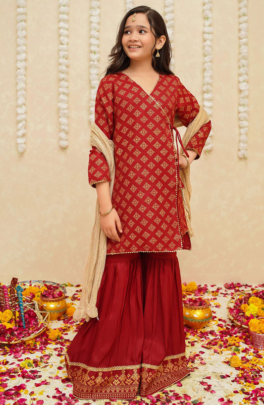 Gulzar by Modest Festive Raw Silk Stitched 3 Piece Suit - 9005 Maroon - MOD25G - Maroon - Girls Collection