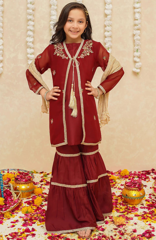 Gulzar by Modest Festive Chiffon Stitched 3 Piece Suit - 8765 Red - MOD25G - Red - Girls Collection