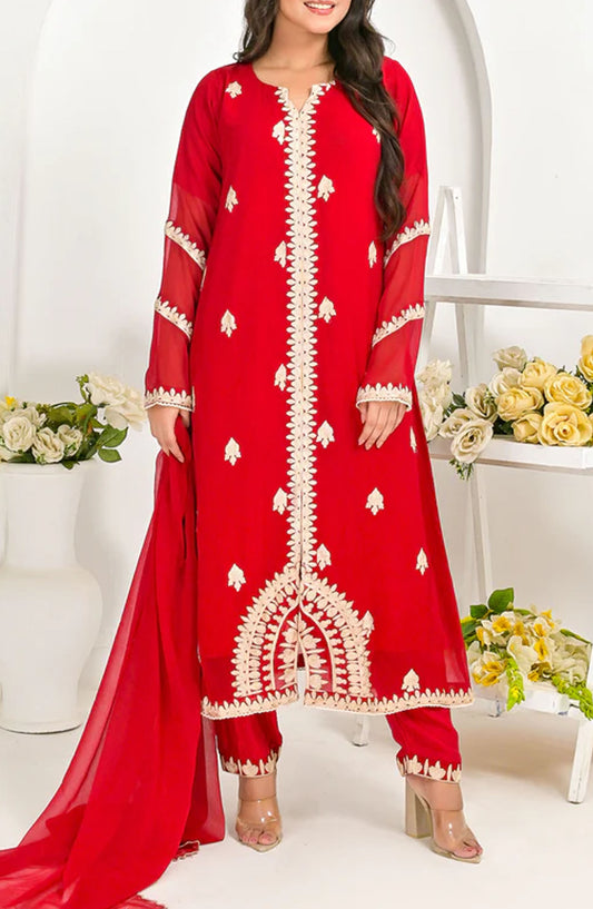 Pret Diaries Embroidered Chiffon Stitched 3 Piece - 55007 - PD25SC - Red - Summer Collection