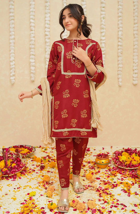 Gulzar by Modest Festive Raw Silk Stitched 3 Piece Suit - 8935 Maroon - MOD25G - Maroon - Girls Collection