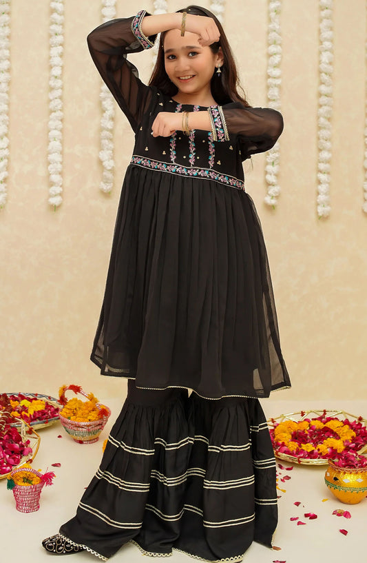 Gulzar by Modest Festive Chiffon Stitched 3 Piece Suit - 8905 Black - MOD25G - Black - Girls Collection