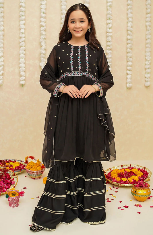 Gulzar by Modest Festive Chiffon Stitched 3 Piece Suit - 8905 Black - MOD25G - Black - Girls Collection