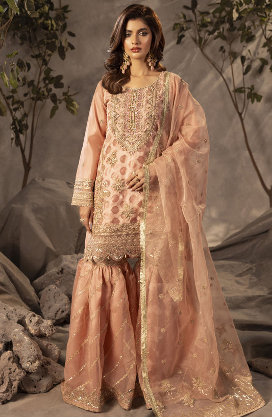 Tabeer by Diara Couture Embroidered Organza Stitched 3 Piece Suit - US-493 Shahnoor - DC25T - Peach - Formal Collection