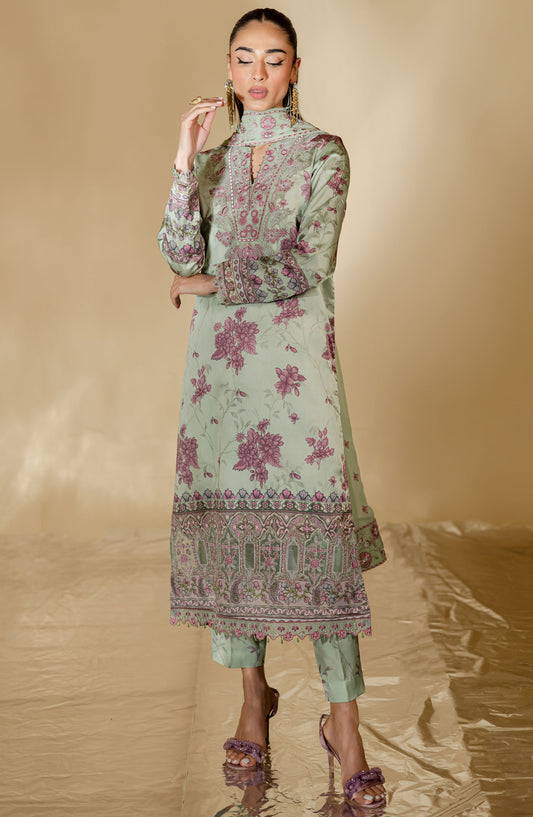 Nureh Embroidered Silk Unstitched 3 Piece Suit - Green - S-25 - NU25TSE - Festive Collection
