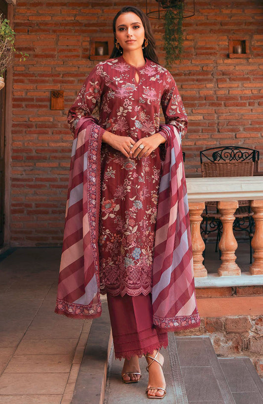 Afrozeh Embroidered Lawn Unstitched 3 Piece Suit - Maroon - Azara-B - AFR25DM - Summer Collection