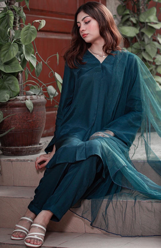 Zauk Silk Stitched 3 Piece Suit - Teal Blue Three Piece - ZK25CC - Casual Collection
