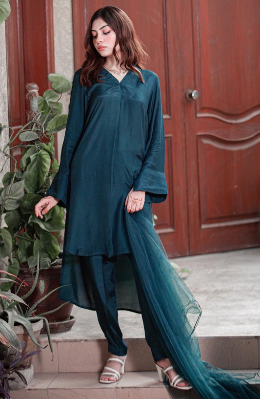 Zauk Silk Stitched 3 Piece Suit - Teal Blue Three Piece - ZK25CC - Casual Collection
