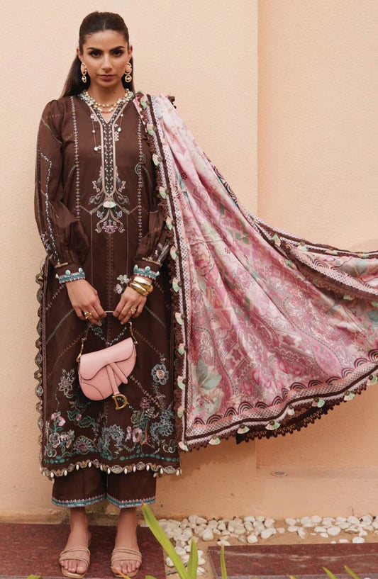 Wes by Farah Talib Embroidered Lawn Suits Unstitched 3 Piece FTA-08 Luella Lindtt FTA25WL - Brown - Luxury Collection