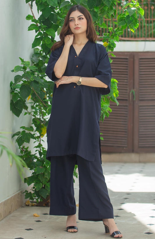 Zauk Georgette Stitched 2 Piece Suit - Navy Blue Two Piece - ZK25CC - Casual Collection
