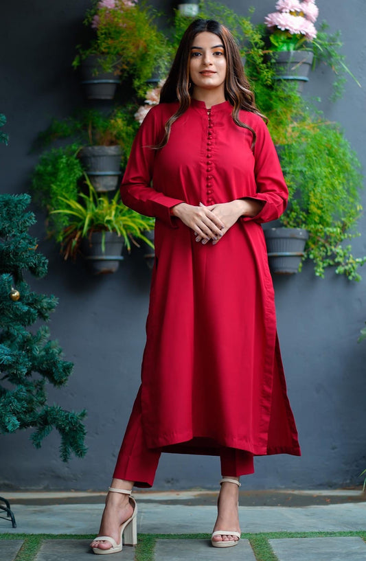 Zauk Georgette Stitched 2 Piece Suit - Red Two Piece - ZK25CC - Casual Collection