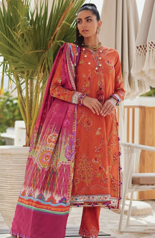 Wes by Farah Talib Embroidered Lawn Suits Unstitched 3 Piece FTA-01 Rita Rust FTA25WL - Orange - Luxury Collection
