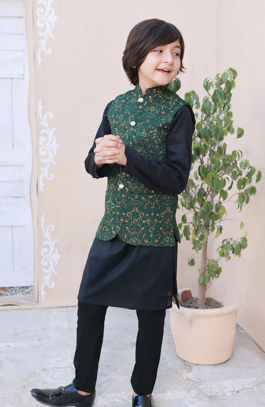 Exclusive WasitCoat with Shalwar Kameez Collection By Hassan Jee - V 25 Leaf Green Embroidered Waistcoat Suit