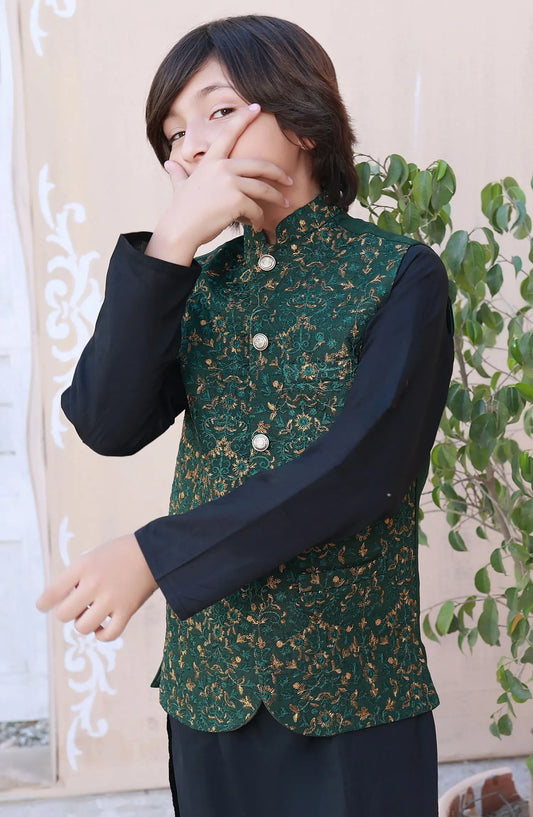 Exclusive WasitCoat with Shalwar Kameez Collection By Hassan Jee - V 25 Leaf Green Embroidered Waistcoat Suit