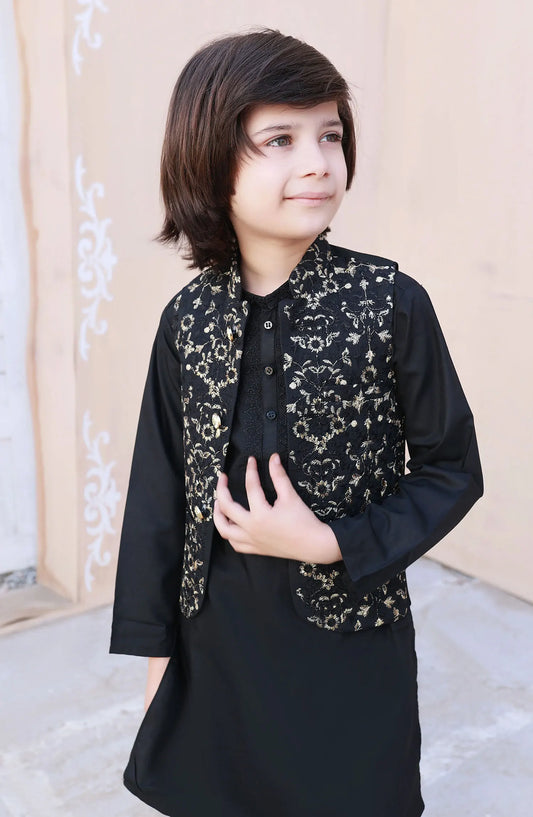 Exclusive WasitCoat with Shalwar Kameez Collection By Hassan Jee - V 26 Black Embroidered Waistcoat Suit