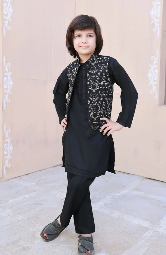 Exclusive WasitCoat with Shalwar Kameez Collection By Hassan Jee - V 26 Black Embroidered Waistcoat Suit