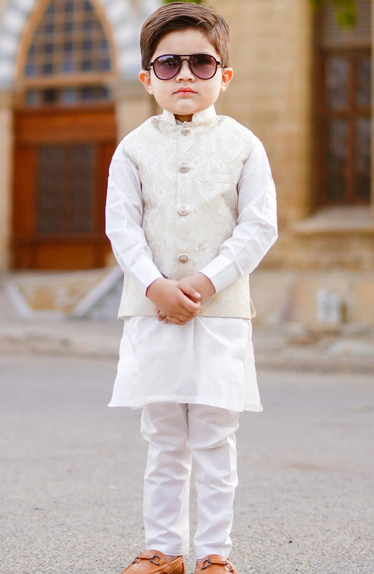 Exclusive WasitCoat with Kurta Trouser Collection By Hassan Jee - WKS 015 Off White Waistcoat Suit