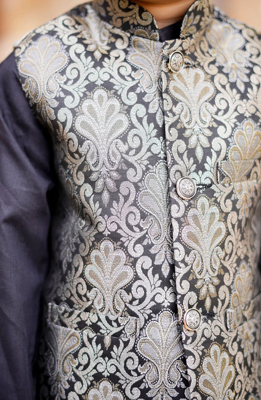 Exclusive WasitCoat with Kurta Trouser Collection By Hassan Jee - WKS 016 Black Waistcoat Suit