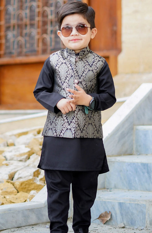 Exclusive WasitCoat with Kurta Trouser Collection By Hassan Jee - WKS 016 Black Waistcoat Suit