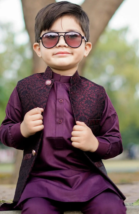 Exclusive WasitCoat with Kurta Trouser Collection By Hassan Jee - WKS 017 Maroon Waistcoat Suit