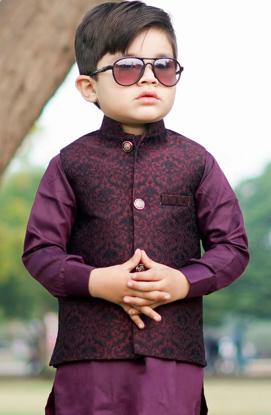 Exclusive WasitCoat with Kurta Trouser Collection By Hassan Jee - WKS 017 Maroon Waistcoat Suit