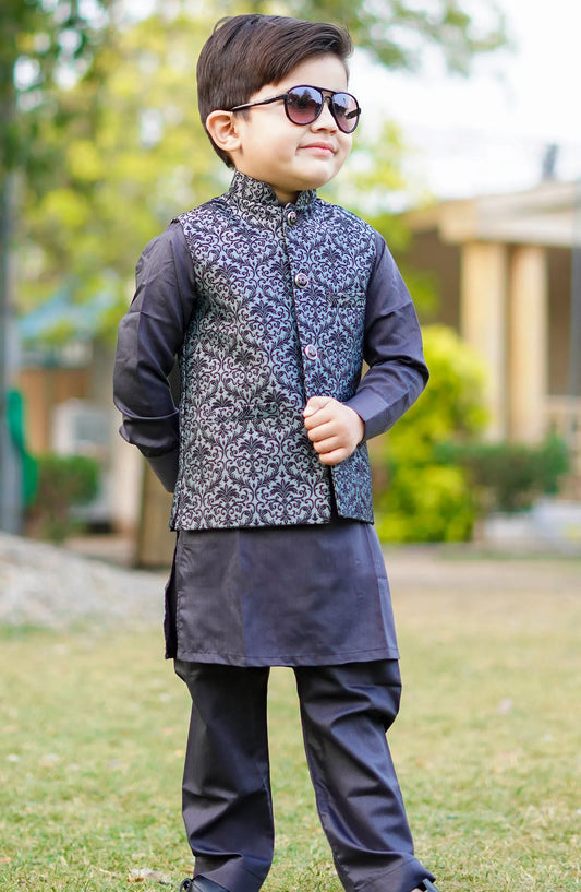 Exclusive WasitCoat with Kurta Trouser Collection By Hassan Jee - WKS 018 Grey Waistcoat Suit