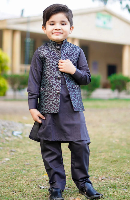 Exclusive WasitCoat with Kurta Trouser Collection By Hassan Jee - WKS 018 Grey Waistcoat Suit